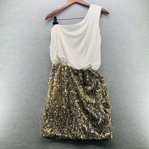 Way-In Women's White & Gold Sequin one Shoulder Mini Cocktail Dress Size M (A4)